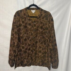 VINTAGE STUNT 100% SILK ANIMAL LONG SLEEVE BUTTON BLOUSE (L)